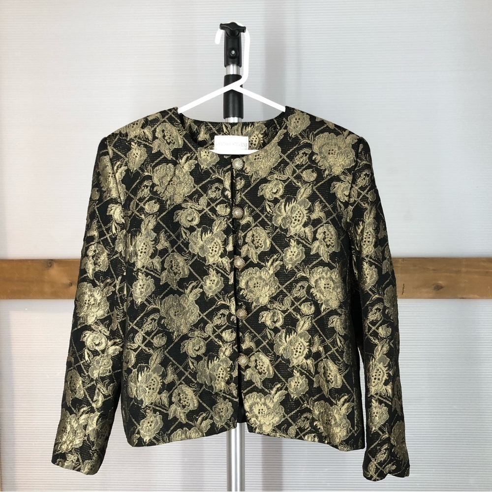 Vanessa STEVENS Vintage Black & Metallic Gold Floral Blazer Sz 18